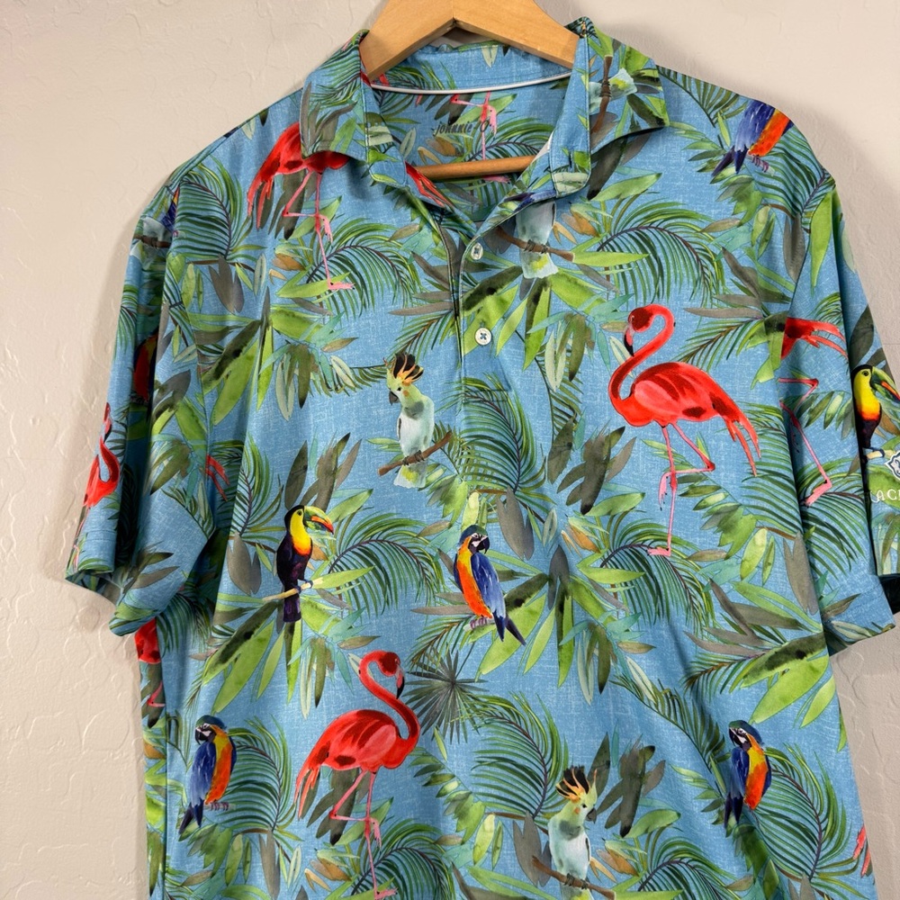 Johnnie-O Men’s Stretch Hawaiian Shirt M Blue Floral Golf Polo Blackstone Logo